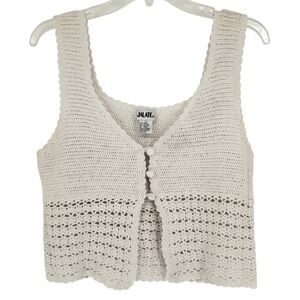 White Crochet Cropped Vest Y2K Open Knit Button Boho Festival Layer Womens L